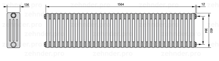Схема (чертеж) Радиатор Zehnder Charleston 4045/34 №7610 Белый глянцевый RAL 9016
